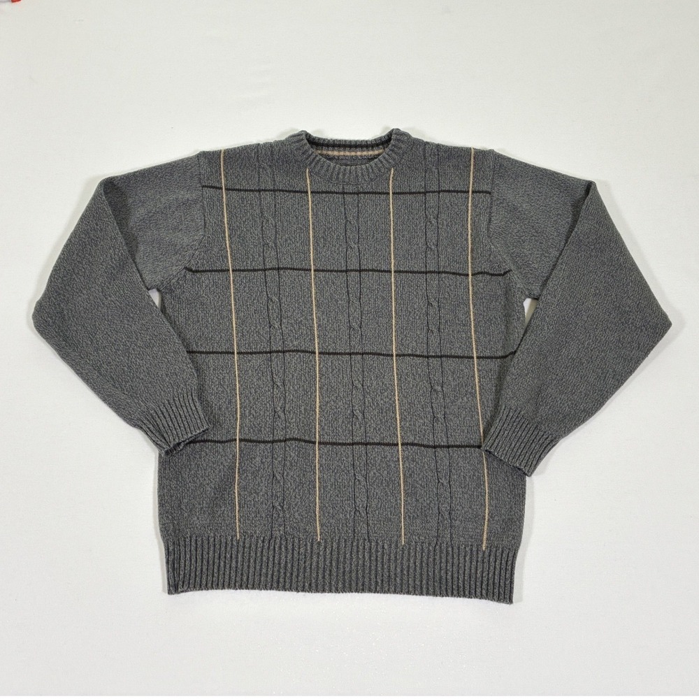 Basic Editions Mens Grey Grid Cable Knit Crewneck Sweater Large L RN42000